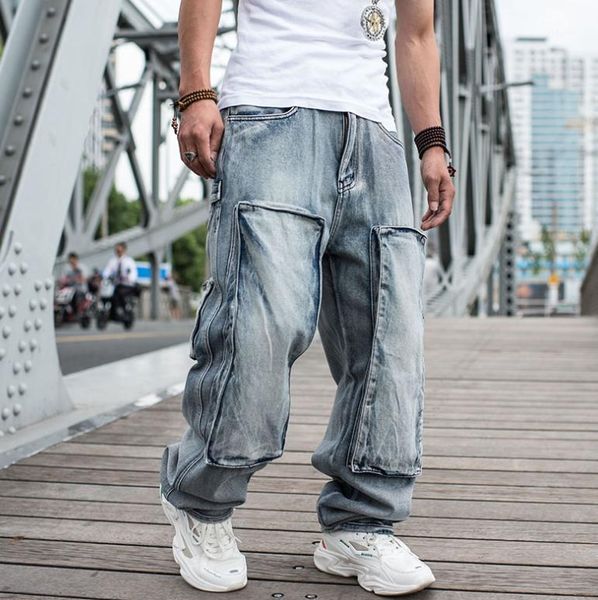 

men's jeans hip hop baggy loose fit pants skateboard denim trousers wide leg, Blue