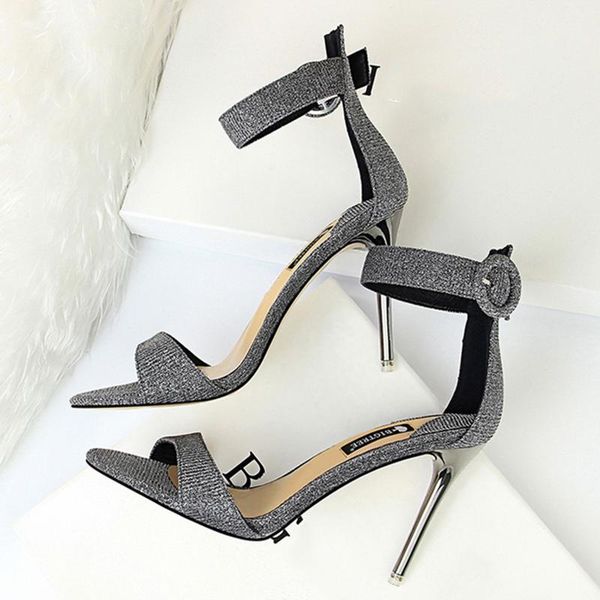 

fashion summer women 9.5cm high thin heels buckle strap bling sandals female fetish sparkly lady valentine shoes, Black