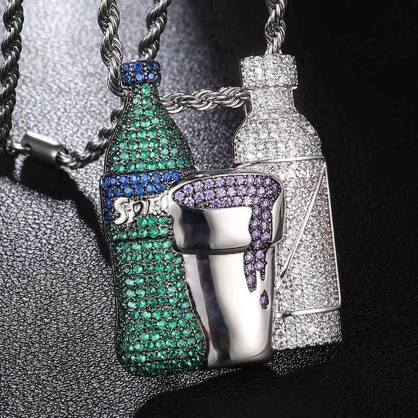 Dz personalidade bebida garrafa copo colar homens hip hop gelo fora bling zircon sprite rapper pingente colar x0509