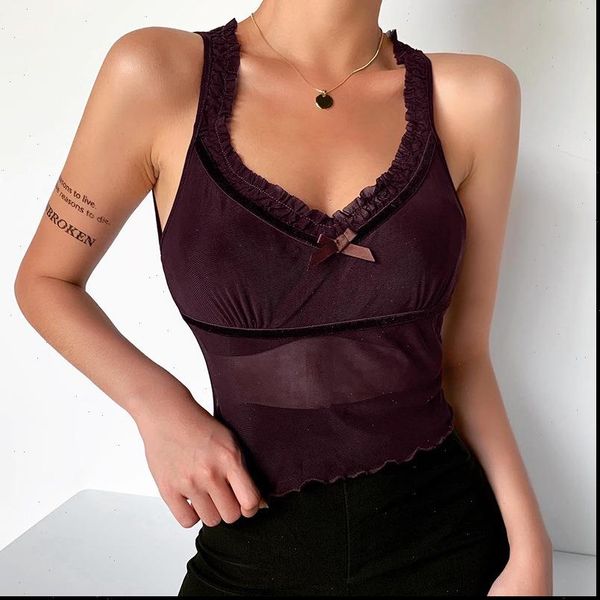 

brown womens tank v neck mesh crop see through patchwork sleeveless women camisole summer slim elastic cropped, White