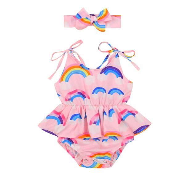 

jumpsuits 2 pcs born summer outfits baby girls sleeveless tie-up rainbow print u-shaped neck romper + headband, Blue