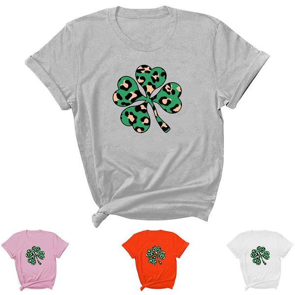 

women's t-shirt leopard clover letter print women t shirt short sleeve o neck loose tshirt ladies tee clothes camisetas mujer, White