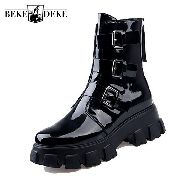 

boots street platform ankle women buckle belt genuine leather moto biker fashion winter height increased boot, Black