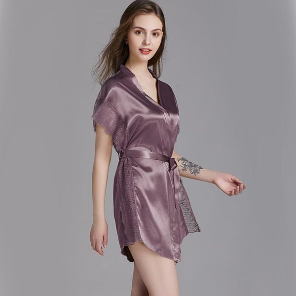 

women's sleepwear fashion lingerie v-neck lace splicing robe bathrobe women temptations dressing gown casual costume, Black;red