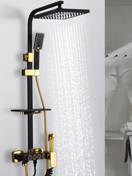 

copper bathroom shower faucet set rainfall wall mounted constant temperature mixer tap 8" head with handheld black & gold sets