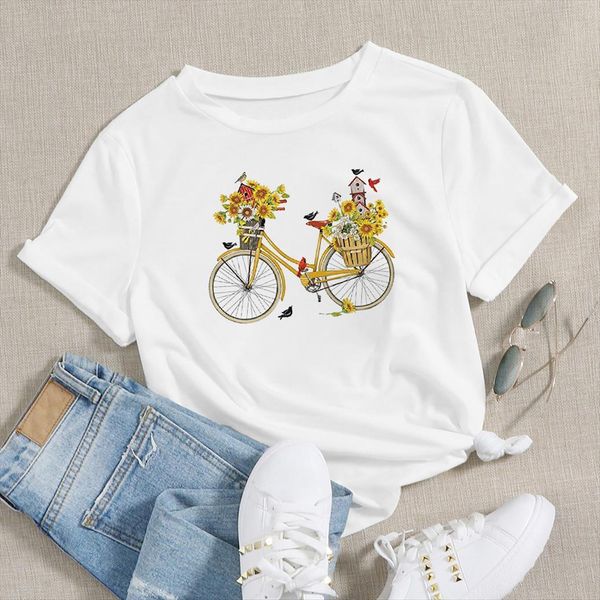 

street aesthetic sunflower bicycle bike women t shirts cusual flower clothes harajuku tee romantic, White