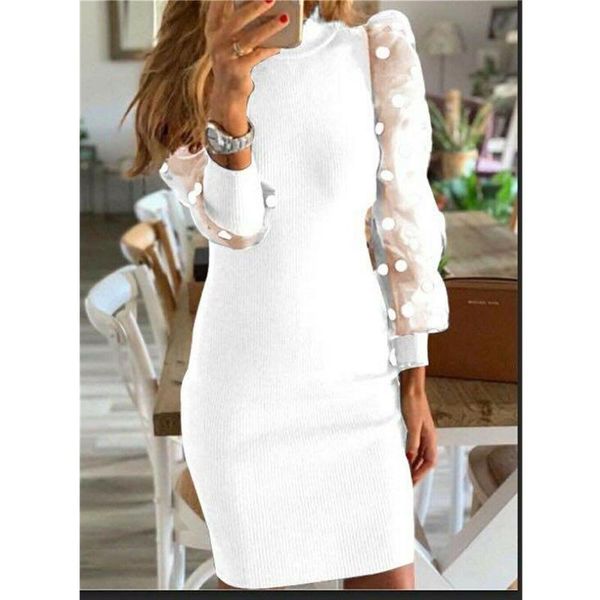

casual dresses fashion women's polka dot long puff sleeve jumper pencil dress ladies knit bodycon sweater slim fit, Black;gray