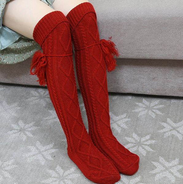 Overknee-Oberschenkelstrümpfe aus Baumwollstrick für Damen und Mädchen, lange Stiefelsocken, Bodenstrümpfe mit Quaste, Weiß, Schwarz, Grau, Rot