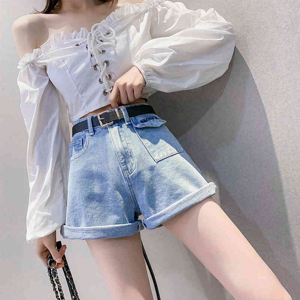

women's shorts high waist wide leg denim for pockets jeans crimping short femme street wear x6b0, White;black