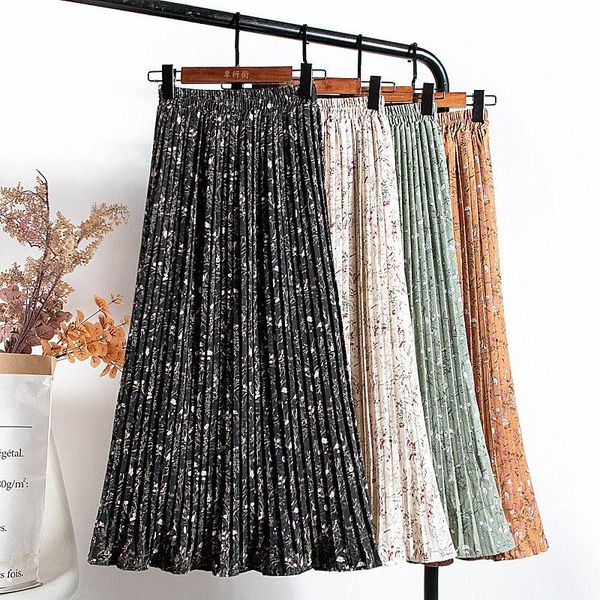 

skirts 2021 women summer pleated chiffon skirt elastic waist elegant vintage floral print office ladies long faldas beach wear, Black