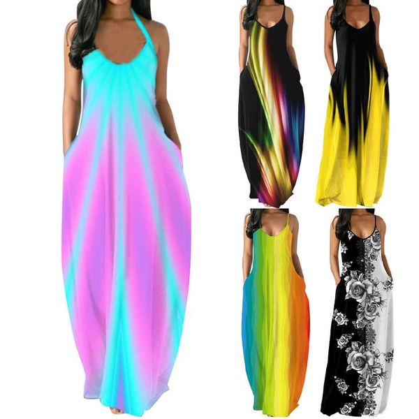 

casual dresses summer beach ladies colorful prints loose sleeveless pullover long dress sling halter mujer robe pocket cool soft plus size 2, Black;gray