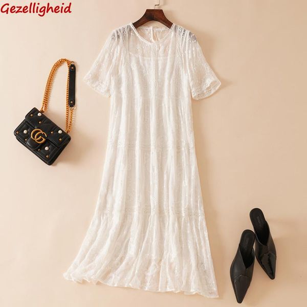 

casual dresses gezelligheid fashion designer 2021 summer elegant luxury round neck short sleeve embroidered 100% natural silk women midi dre, Black;gray