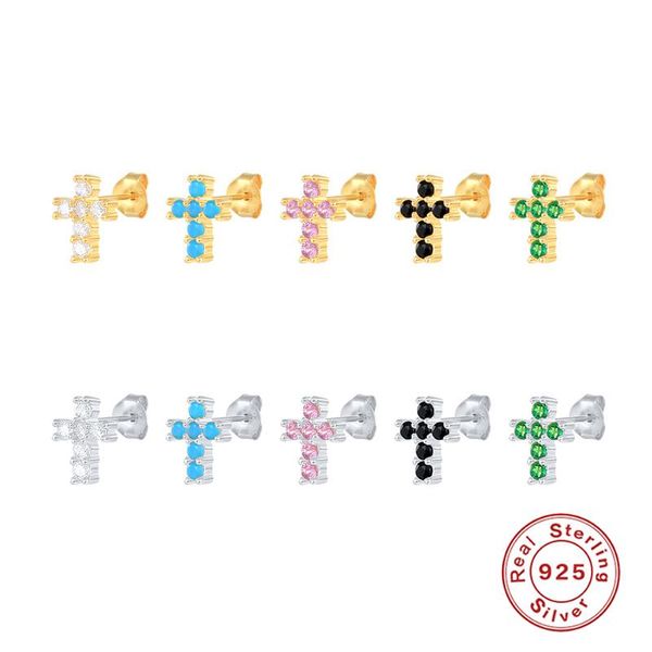 

stud gs 925 sterling silver colorful zircon mosaic cross earrings for women tiny turquoise blue green crystal ear studs jewels, Golden;silver
