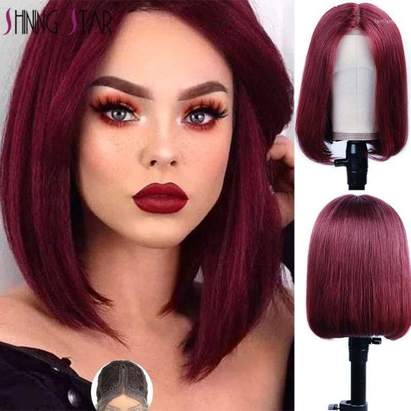

shining star 30# honey blonde 13*1 straight short bob lace human hair peruvian wigs 99j burgundy 150% pre-plucked remy wigs1, Black;brown