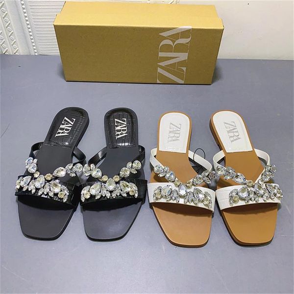 

slippers zar women's shoes 2021 flat rhinestone square toe open-toe flip-flops outer wear low heel sandals, Black