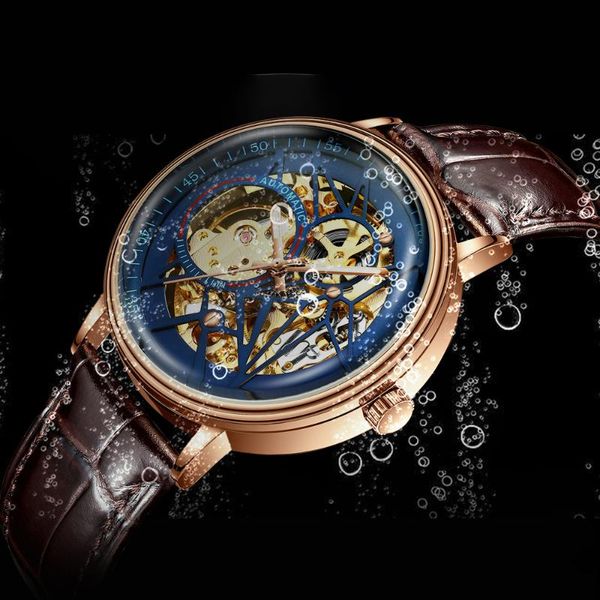

wristwatches biden hollow design watch retro luxury male wristwatch unique men mechanical watches gold brown genuine leather waterproof cloc, Slivery;brown