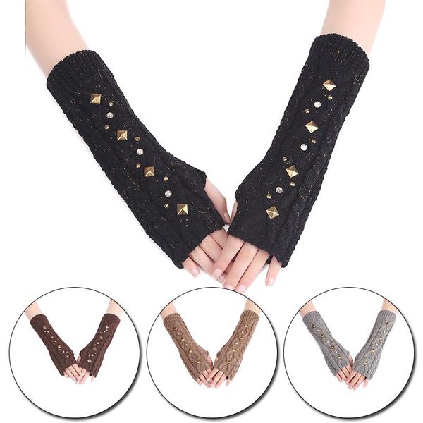 

five fingers gloves arm warm rivet glove driving lady' knitted long women autumn winter fingerless half finger, Blue;gray