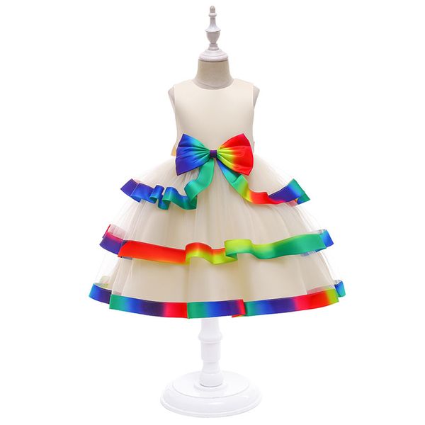 Geschmiedeter Stoff für Kinderbankett, Prinzessin, Abendkleid, Schule, Auftritt, europäische und amerikanische Kinderbekleidung, Großhandel, Regenbogen-Schleife