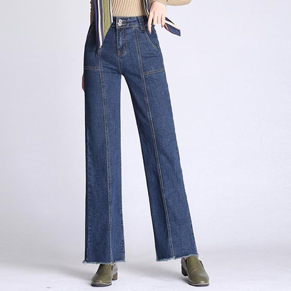

women's jeans spring fall casual womens high waisted tassel wide leg stretch denim trousers , female woman pockets elastic pants, Blue