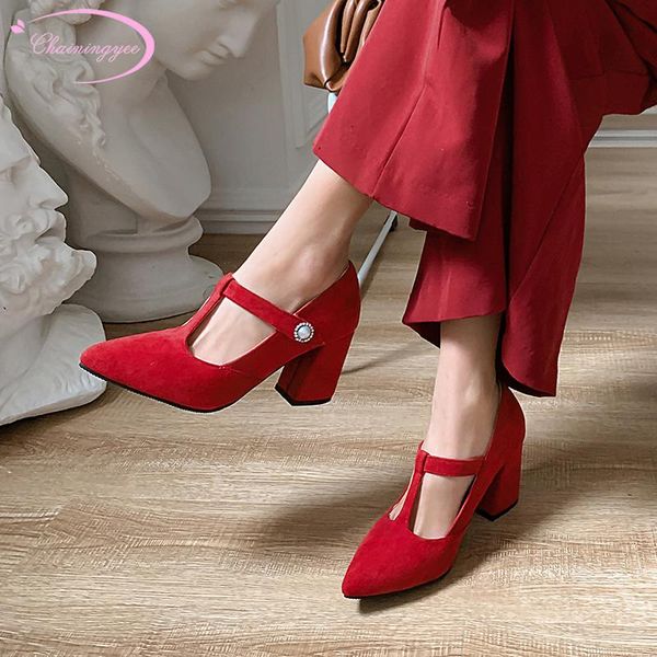 

dress shoes casual style pointed toe flock pumps fashion belt buckle beading black red pink beige high heel women's big size