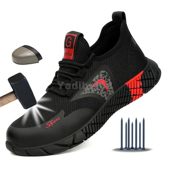 

breathable safety shoes men summer winter lightweight work shoes steel toe puncture-proof work sneakers indestructible shoes, Red;white