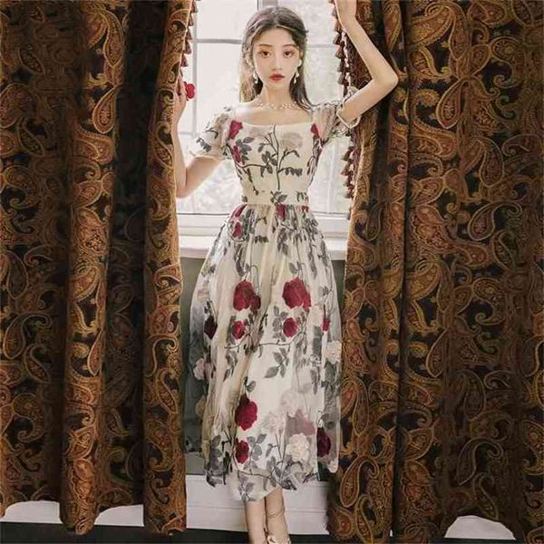 

summer maxi elegant floral embroidery short sleeve evening party dress square collar fit and flare long women 210603, Black;gray