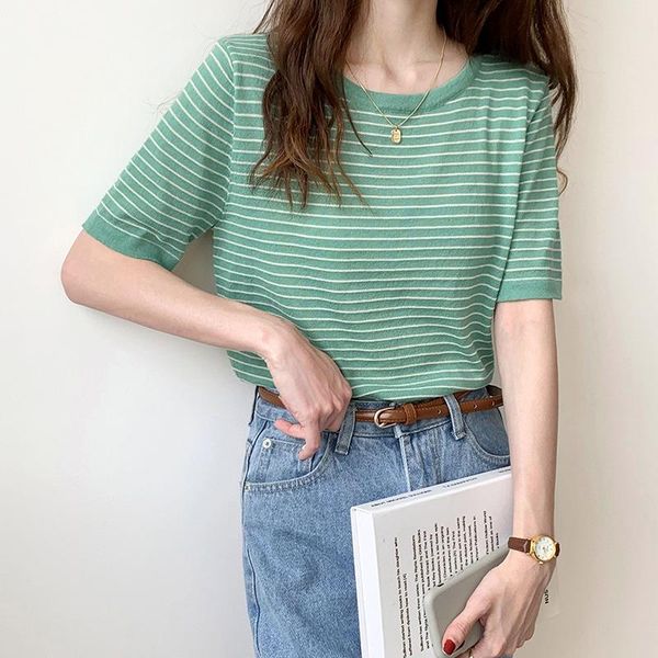 

women's t-shirt 2021 summer women cotton striped tees candy color o neck short sleeve t shirts insta girls juice casual basic camisetas, White