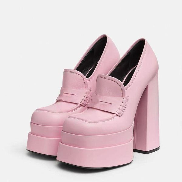 

dress shoes spring fashion waterproof women high heels pumps square toe genuine leather platform thick lady casual big size, Black