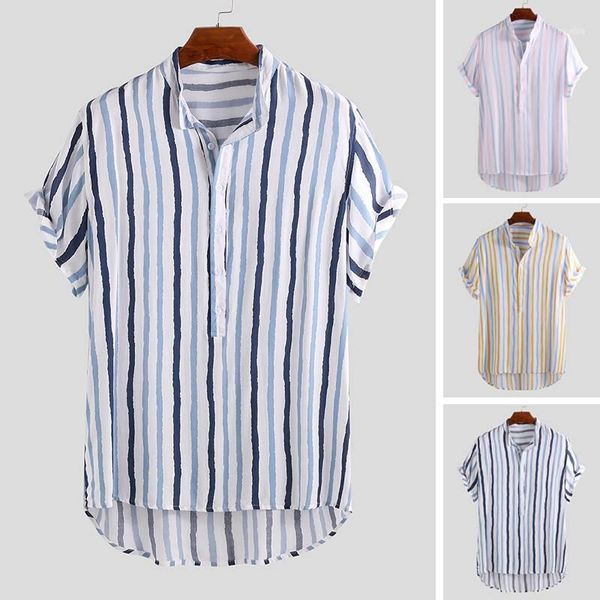 

short sleeve striped men brand shirt casual loose breathable stand collar camisa button blouse summer streetwear 20211, White;black