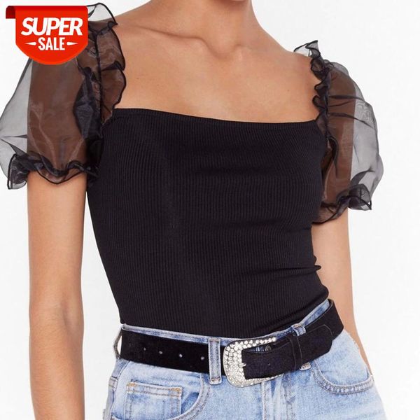 

mesh yarn puff sleeve blouse women solid color elegant wild square collar slim chic cropped summer all matching clothes #b85o, White