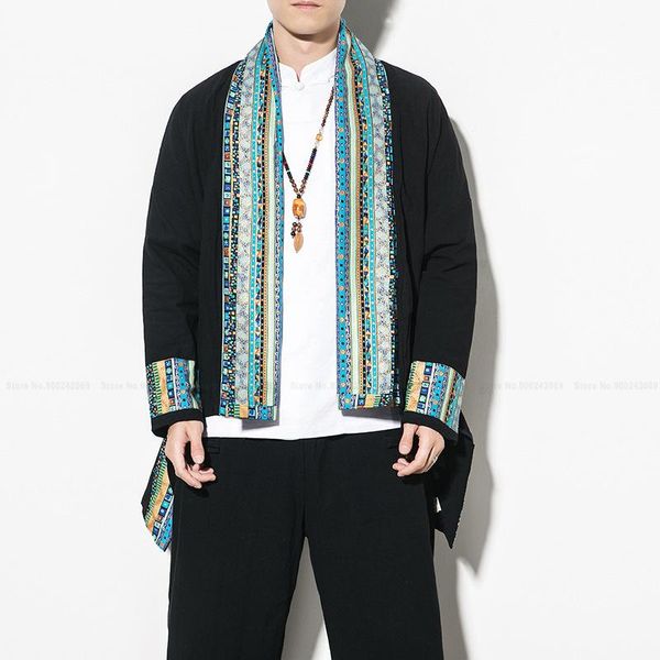 

japanese windbreaker cotton linen jackets cardigan cloak men chinese style hanfu coat wide leg pants loose casual trousers ethnic cloth, Red