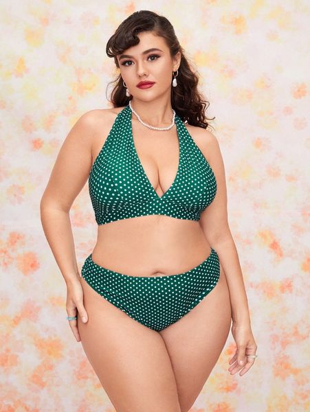 

plus polka dot halter bikini swimsuit c3wi#, Black
