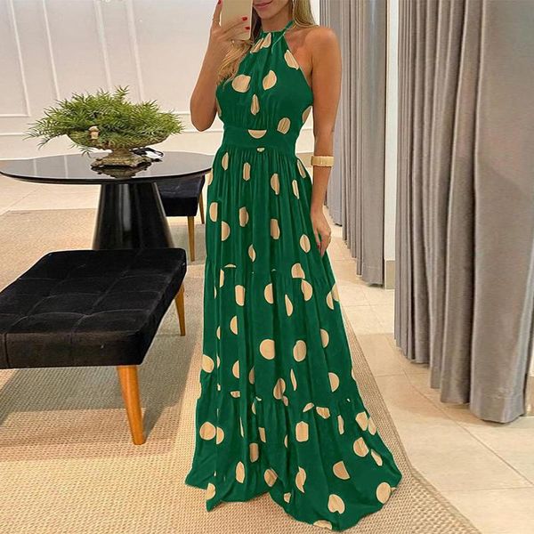

casual dresses 2021 women summer halter sleeveless long dress elegant backless lady party ruffle polka dot beach maxi, Black;gray