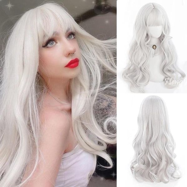 

synthetic wigs houyan cosplay lolita long curly hair silver white wig female high temperature silk wavy cartoon bangs black/brow