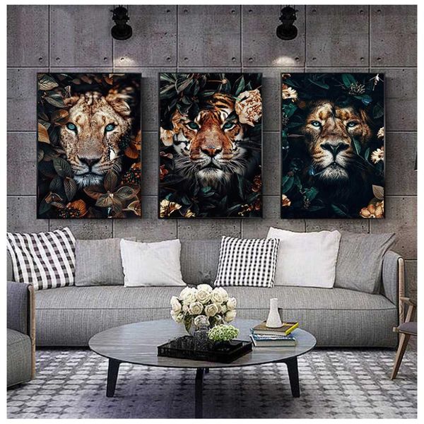 

paintings flower animal lion tiger deer leopard abstract canvas painting wall art nordic print poster decorative picture living room decor
