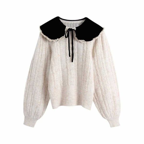 

fall winter women knit sweater long sleeve velvet peter pan collar chic women sweaters pullover 210709, White;black