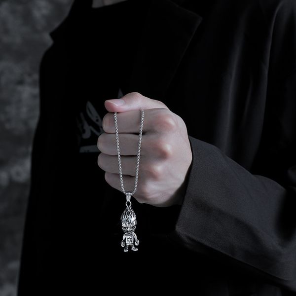 

trendy men's necklace hip hop titanium steel devil pendant necklace ins style personalized simple sweater chain, Silver