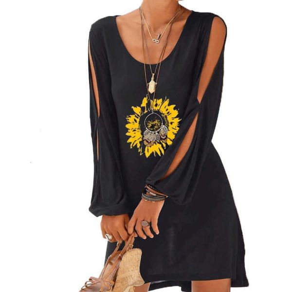 

2020 women's printed sunflower long sleeve round neck dress, Black;gray