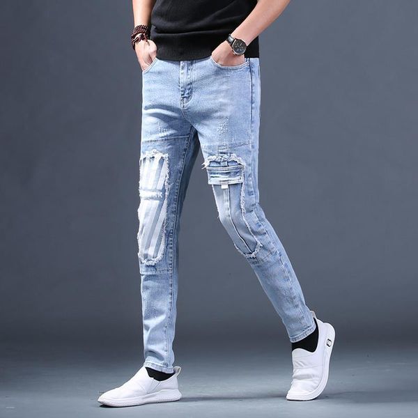 

men's jeans korea version men light blue scratches jeans, slim stretch jeans,stylish ripped patches street jeans;