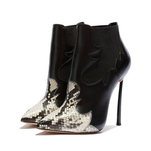

boots fashion pointed snake pattern color matching thin heel medium women's boot, Black