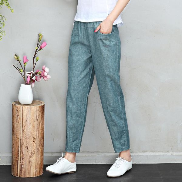 

spring linen cropped pants women's plus size loose high waist harem cotton and fashion retro female & capris, Black;white