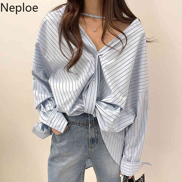 

neploe chic irregular shirts women single breasted v-neck loose bblouses loose casual blusas mujer korean striped blouse 210422, White
