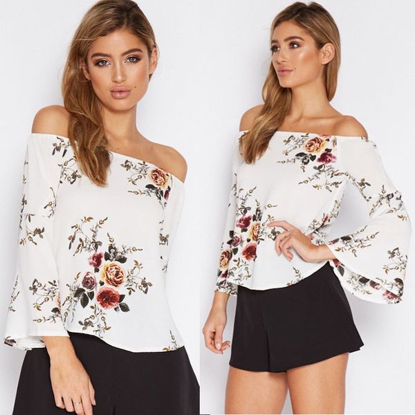 

women's off shoulder long sleeve blouse casual shirt floral loose 210522, White