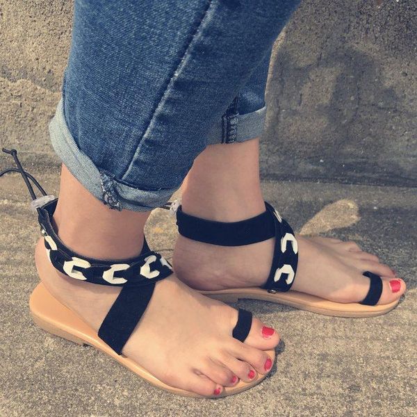 

big size concise flat with gladiator sandals women rome patchwork ankle strap buckle casual bohemian shoes, Black