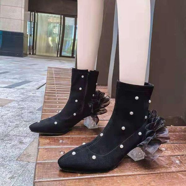 

boots rimocy sweet lace decor crystal heels ankle women fashion pearl pointed toe woman black stretch cloth party shoes