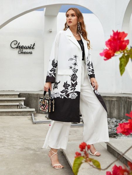 

plus floral print button front lapel neck coat b20p#, Black