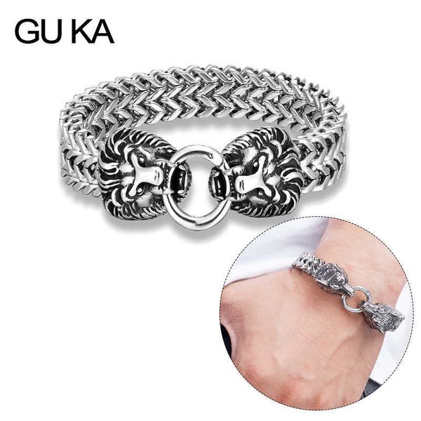 

men bracelet lion wolf head link chain jewelry hiphop bracelets rock accesorios stainless steel fashion bangles wholesale gifts 210609, Golden;silver