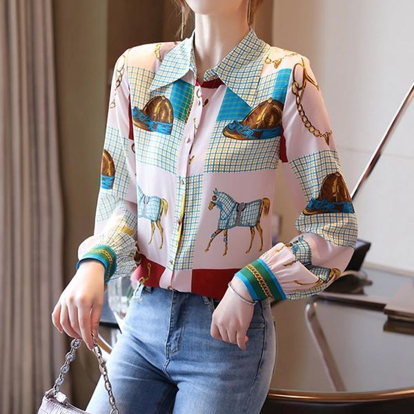 

france style regular fashion printing women shirts spring summer long sleeve turn down collar blusas mujer, White