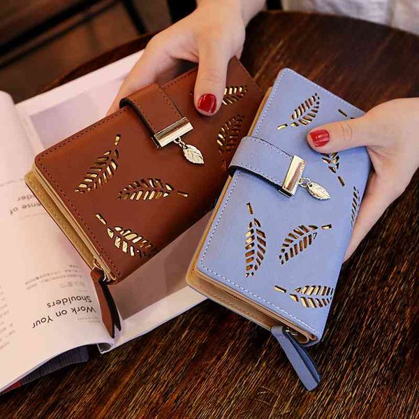 

wallet lady's sweet lady pu leather horizontal zipper women's medium length hollow leaf zero, Red;black