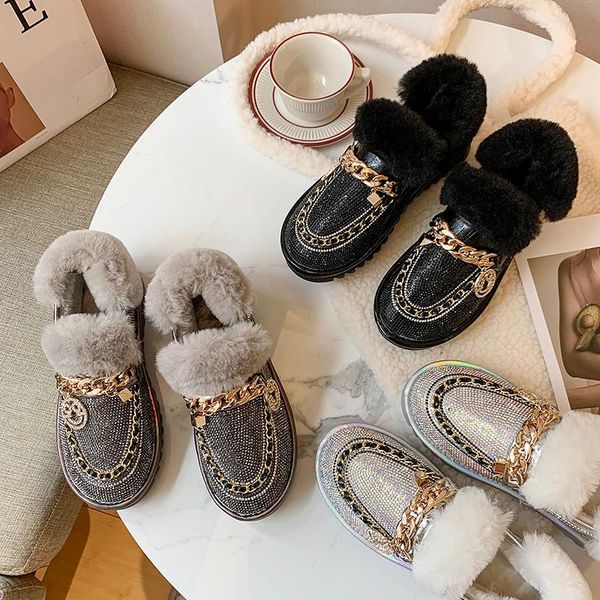 

boots rhinestone plush shoes women plus velvet warm cotton flat one-step snow, Black